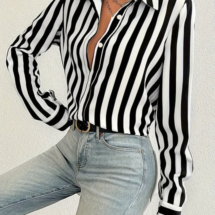 UNICORN Striped Button-Front Shirt, Elegant Long Sleeve Collared Blouse for Women