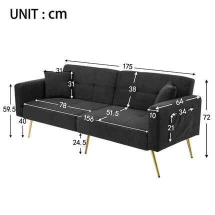 UNICORN Modern minimalist sofa bed size: 175*64*72 cm angle adjustable gold bed legs sofa with cushions side storage pockets