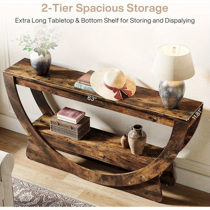UNICORN 63-Inch Console Table, Farmhouse-Style Two-Tier Entry Table Dark Brown