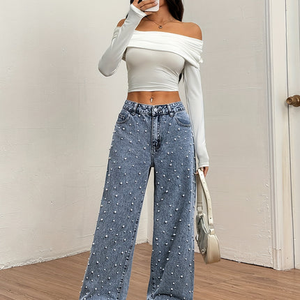 UNICORN Women Wide-Leg Jeans with Pearl Design Blue s m l xl