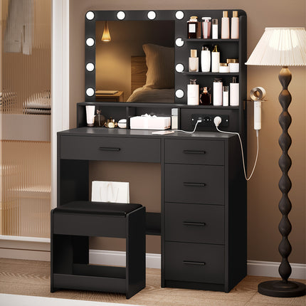 UNICORN Dressing Table with 10 LED Lights, Stool, Hairdryer Holder Black