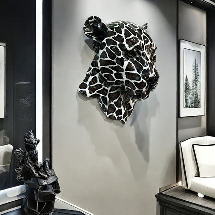UNICORN Black And White Patterned Leopard Head Wall Sculpture in Art Deco Style