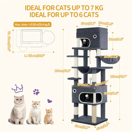 UNICORN 178cm Cat Tree for Indoor Cats, Multi-layer Scratching Post Light Grey/Dark Grey