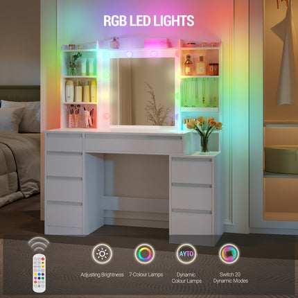 UNICORN Dressing Table with 8 Drawers, Large Mirror with RGB LED Lighting White