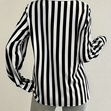 UNICORN Striped Button-Front Shirt, Elegant Long Sleeve Collared Blouse for Women