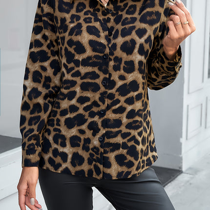 UNICORN Leopard Print Polo Collar Button Shirt, Casual Long Sleeve Shirt s l xl xxl
