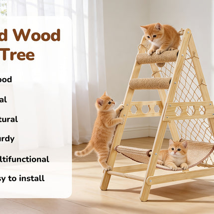 UNICORN Natural Wood Cat Climbing Frame with Climbing Net