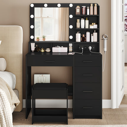 UNICORN Dressing Table with 10 LED Lights, Stool, Hairdryer Holder Black