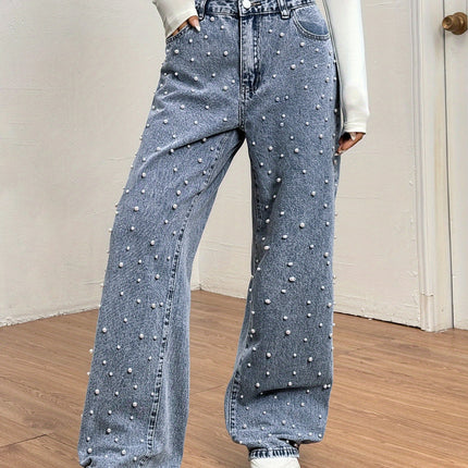 UNICORN Women Wide-Leg Jeans with Pearl Design Blue s m l xl