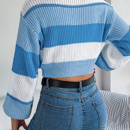 UNICORN Versatile Contrast Stripe Lantern Sleeve Crop Sweater Orange Pink Blue s m l xl
