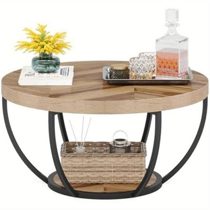 UNICORN 81.28cm Round Coffee Table with 2-Tier Open Storage Wood Grain and Black