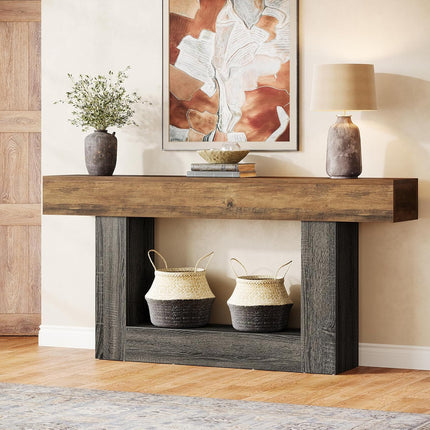 UNICORN 63-Inch Extra Long Farmhouse Console Table - 2-Tier Rustic Brown Wood