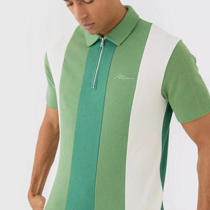 UNICORN Men's Interlock Slim Fit Color Block Polo With Short Zip S green white