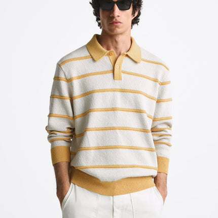 UNICORN men's polo shirt long sleeves jersey with stripes beige mustard yellow s m l xl