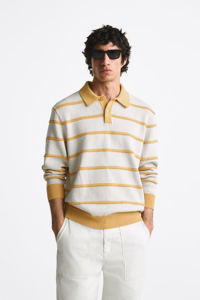 UNICORN men's polo shirt long sleeves jersey with stripes beige mustard yellow s m l xl