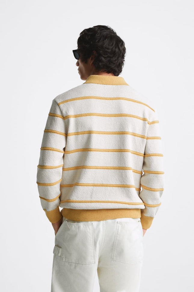 UNICORN men's polo shirt long sleeves jersey with stripes beige mustard yellow s m l xl