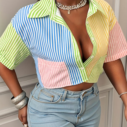 UNICORN Women's Elegant Multi-Color Striped Cropped Shirt with Pockets s m l xl xxl