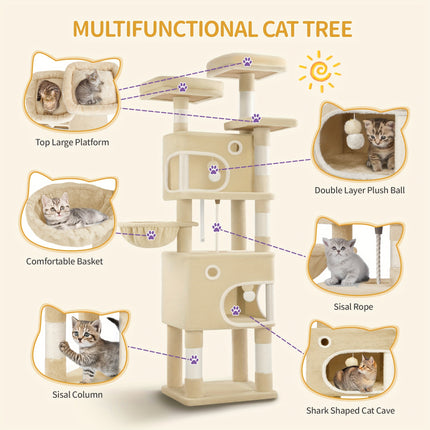 UNICORN Cat Tree, 180cm Cat Tree with 8 Scratching Posts, Beige/light Gray/dark Gray