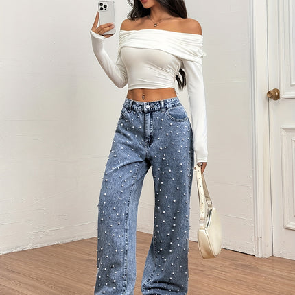 UNICORN Women Wide-Leg Jeans with Pearl Design Blue s m l xl