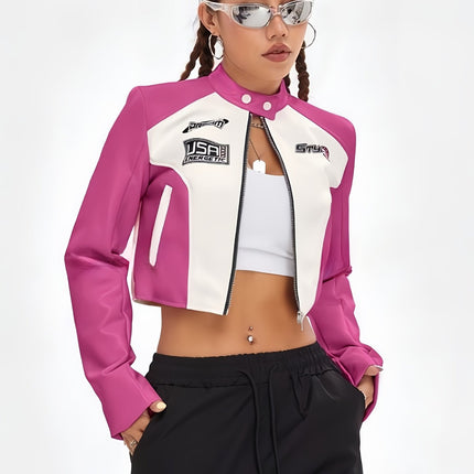 UNICORN Womens Cropped Jacket Letter Print Color-block Design Casual Biker Jacket s m l