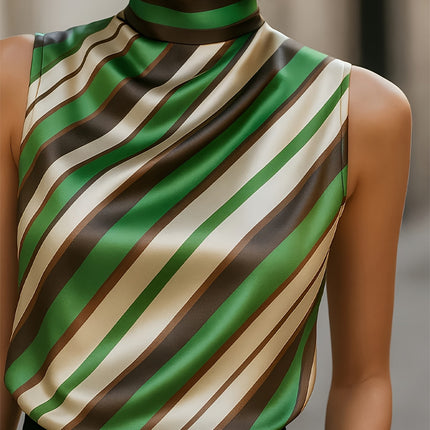 UNICORN Small Lapel Striped Print Satin Sleeveless Top Women's Blouse s m l xl xxl