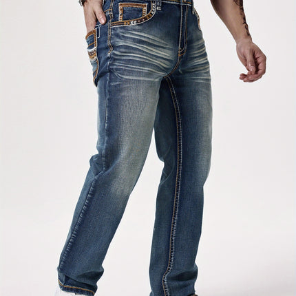 UNICORN Men'S Thick Line Embroidered Stretchy Washed Denim Pants s m l xl xxl