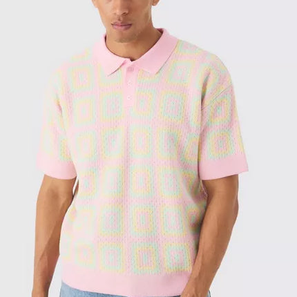 UNICORN Men's oversized crocheted knitted polo pink S M