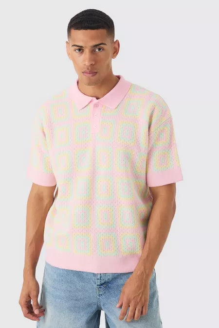 UNICORN Men's oversized crocheted knitted polo pink S M