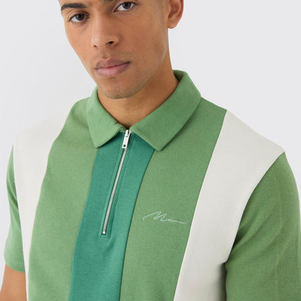 UNICORN Men's Interlock Slim Fit Color Block Polo With Short Zip S green white