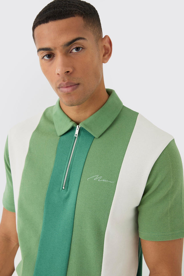 UNICORN Men's Interlock Slim Fit Color Block Polo With Short Zip S green white