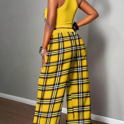 UNICORN Women's Retro Solid Yellow Halter Tank Top Wide Leg Pants s m l xl xxl