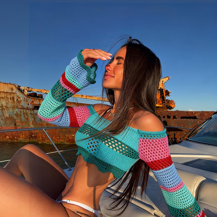 UNICORN Color-Block Spliced Dopamine-Inducing Sexy Off-Shoulder Long-Sleeve Top s m l