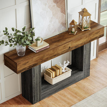 UNICORN 63-Inch Extra Long Farmhouse Console Table - 2-Tier Rustic Brown Wood
