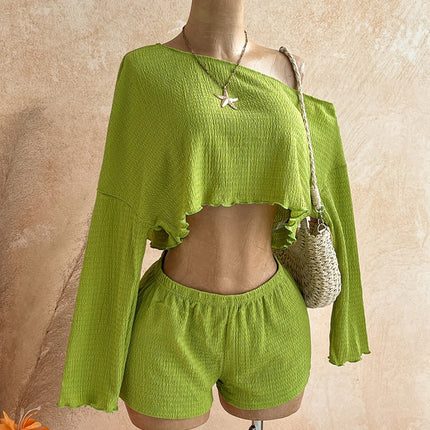 UNICORN Women's Fashion Striped  Shoulder Long-sleeve Top and Shorts Set xs s m l xl