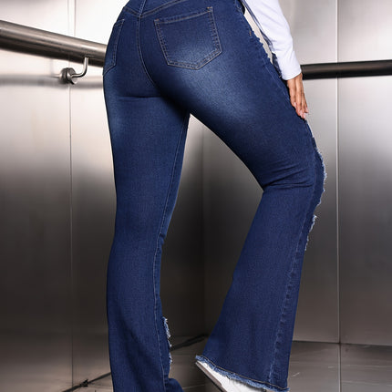 UNICORN Washed Distressed Holes Mid-high Waist Elastic Flared Jeans s m l xl xxl