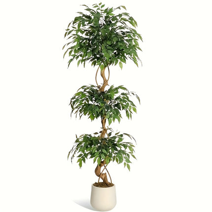 UNICORN Artificial Ficus Tree, Curved Tree Trunk, 180cm Large Artificial Plant with White Pot