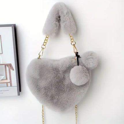 UNICORN Hairy Love Wallet & Crossbody Bag Heart Fake Fur Purse with Chain Strap
