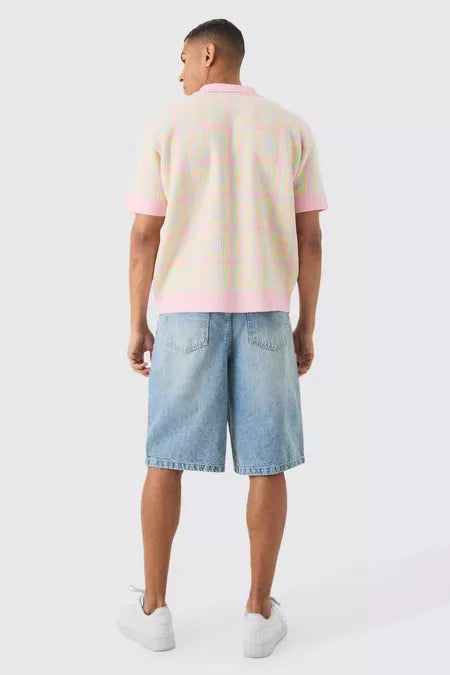 UNICORN Men's oversized crocheted knitted polo pink S M