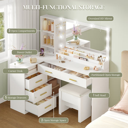 UNICORN Corner Vanity with Stool with Large Mirror White