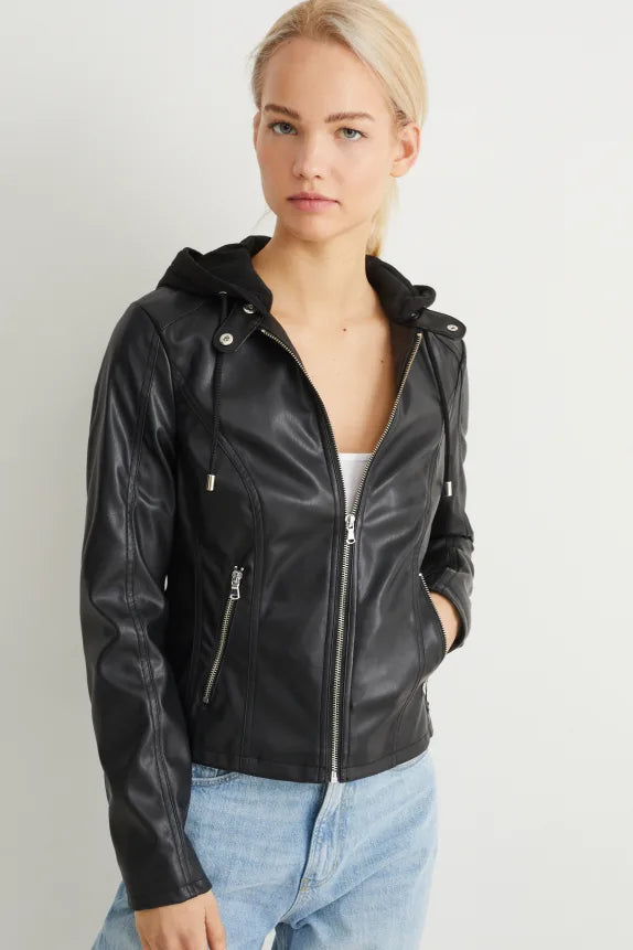 UNICORN Women's hooded jacket with pockets leather black xs s m l xl xxl xxxl