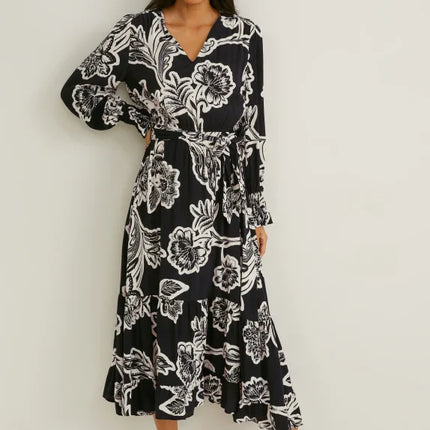 UNICORN Women's long dress long sleeves printed flowers black white xs s m l xl
