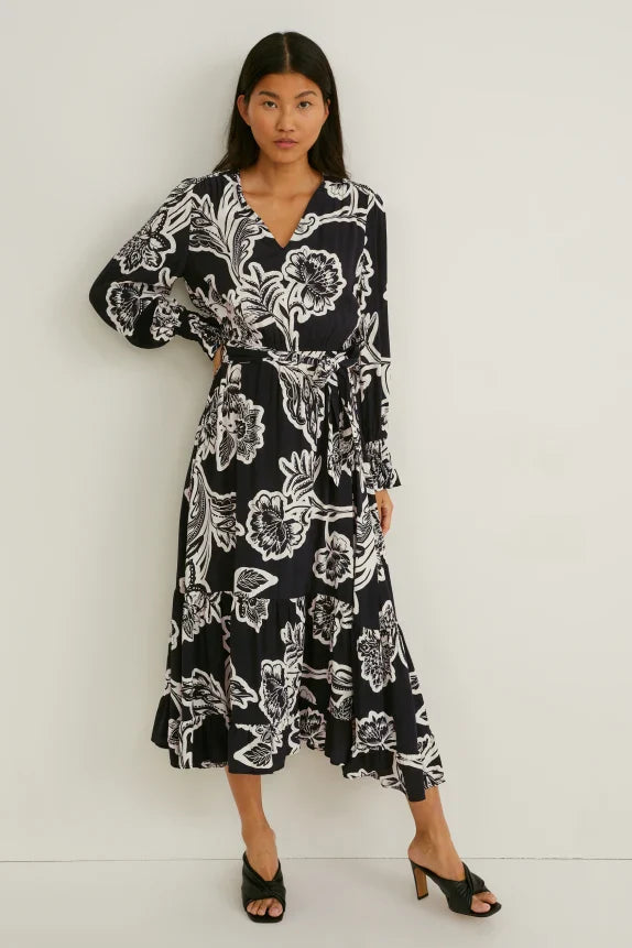 UNICORN Women's long dress long sleeves printed flowers black white xs s m l xl