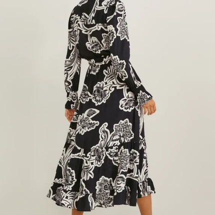 UNICORN Women's long dress long sleeves printed flowers black white xs s m l xl