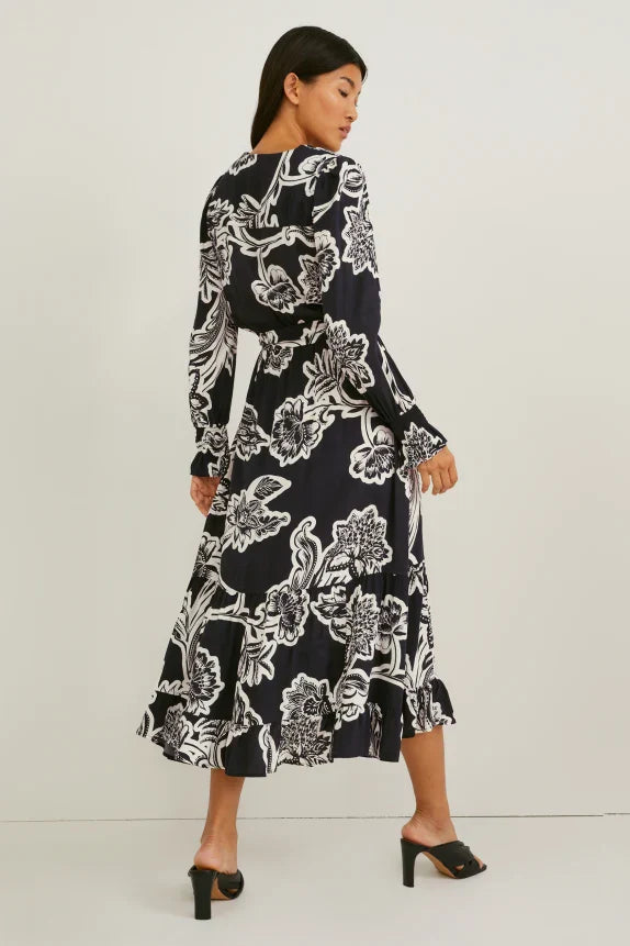 UNICORN Women's long dress long sleeves printed flowers black white xs s m l xl
