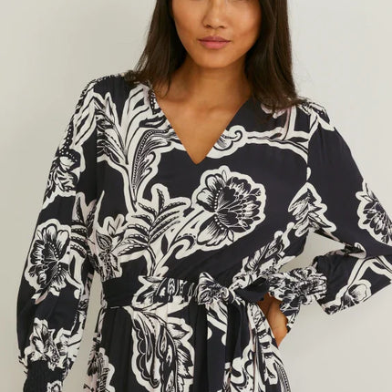 UNICORN Women's long dress long sleeves printed flowers black white xs s m l xl