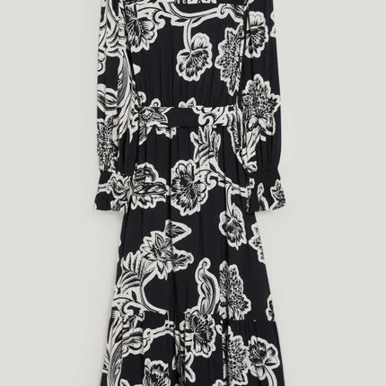 UNICORN Women's long dress long sleeves printed flowers black white xs s m l xl
