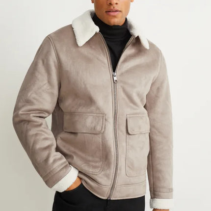 UNICORN men's jacket with fur collar and zipper taupe white S M L XL XXL XXXL