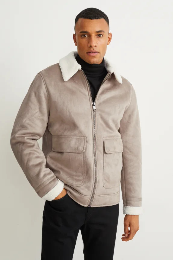 UNICORN men's jacket with fur collar and zipper taupe white S M L XL XXL XXXL