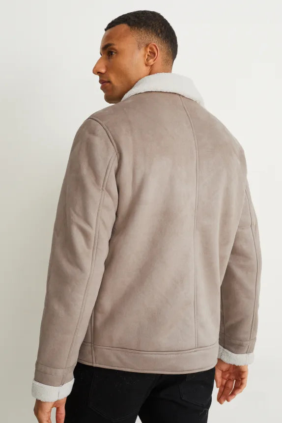 UNICORN men's jacket with fur collar and zipper taupe white S M L XL XXL XXXL