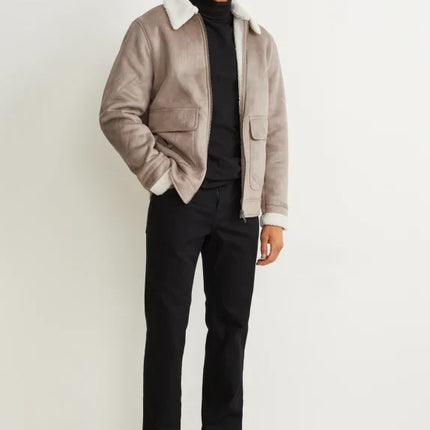 UNICORN men's jacket with fur collar and zipper taupe white S M L XL XXL XXXL